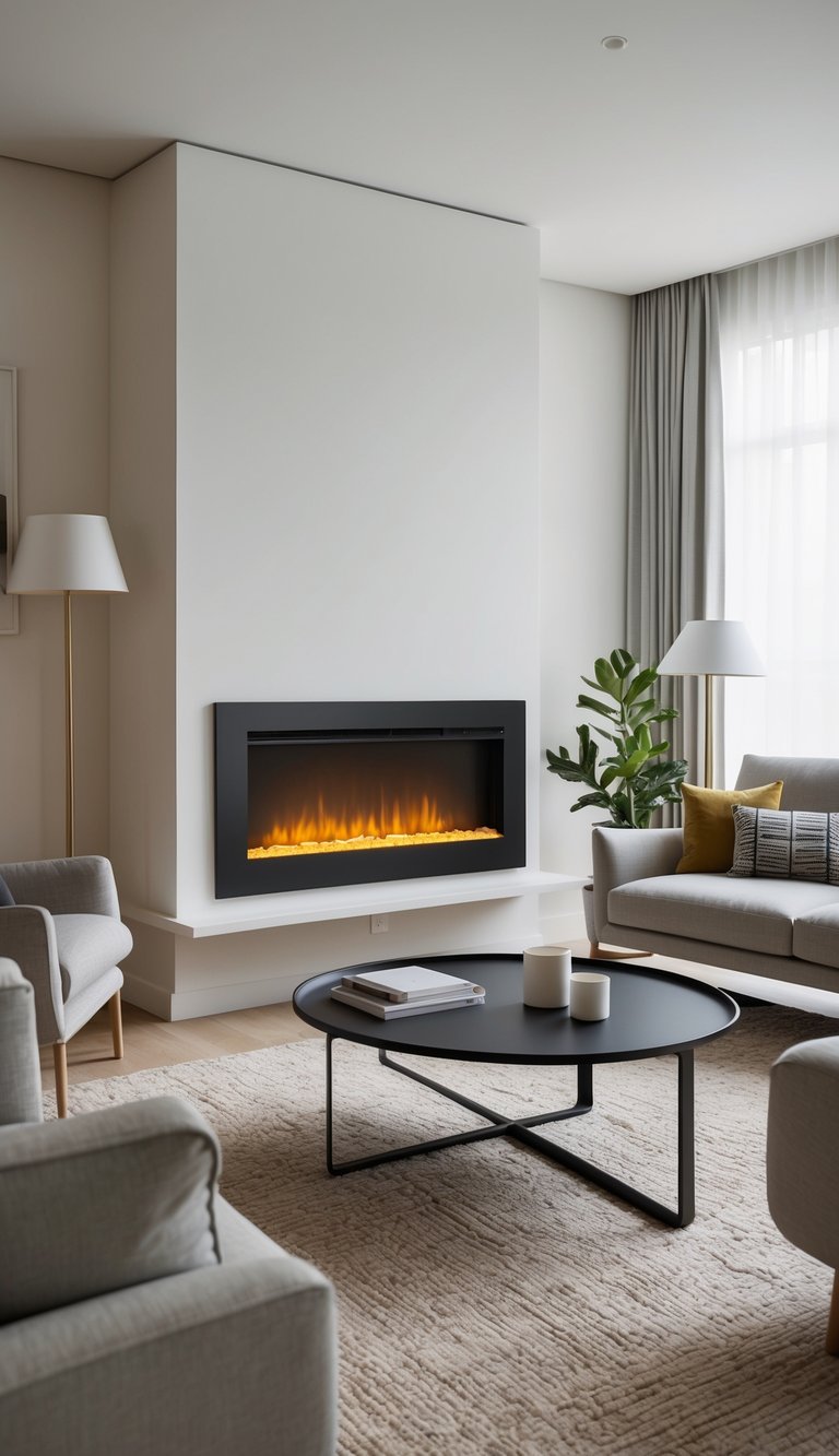 A modern living room with a sleek, convertible electric corner fireplace as the focal point, surrounded by contemporary furniture and minimalist decor
