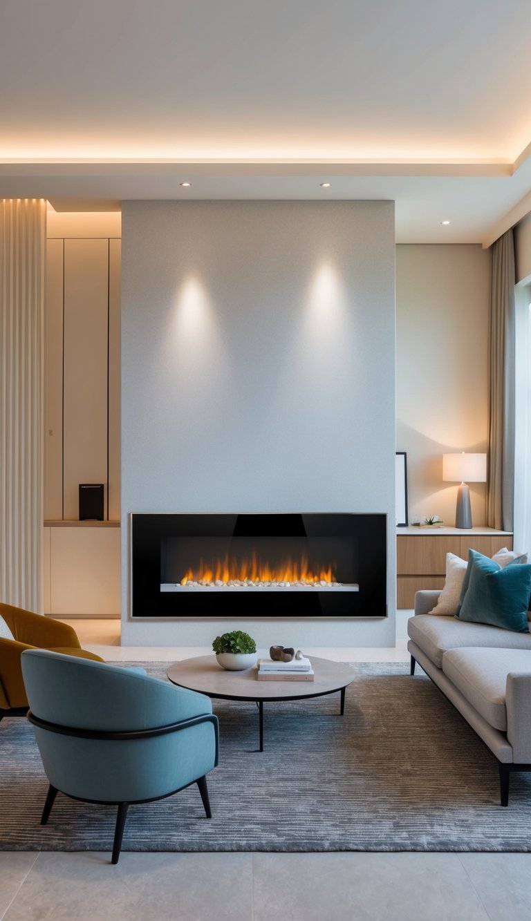 A modern living room with a sleek built-in stereo speaker electric fireplace as the focal point