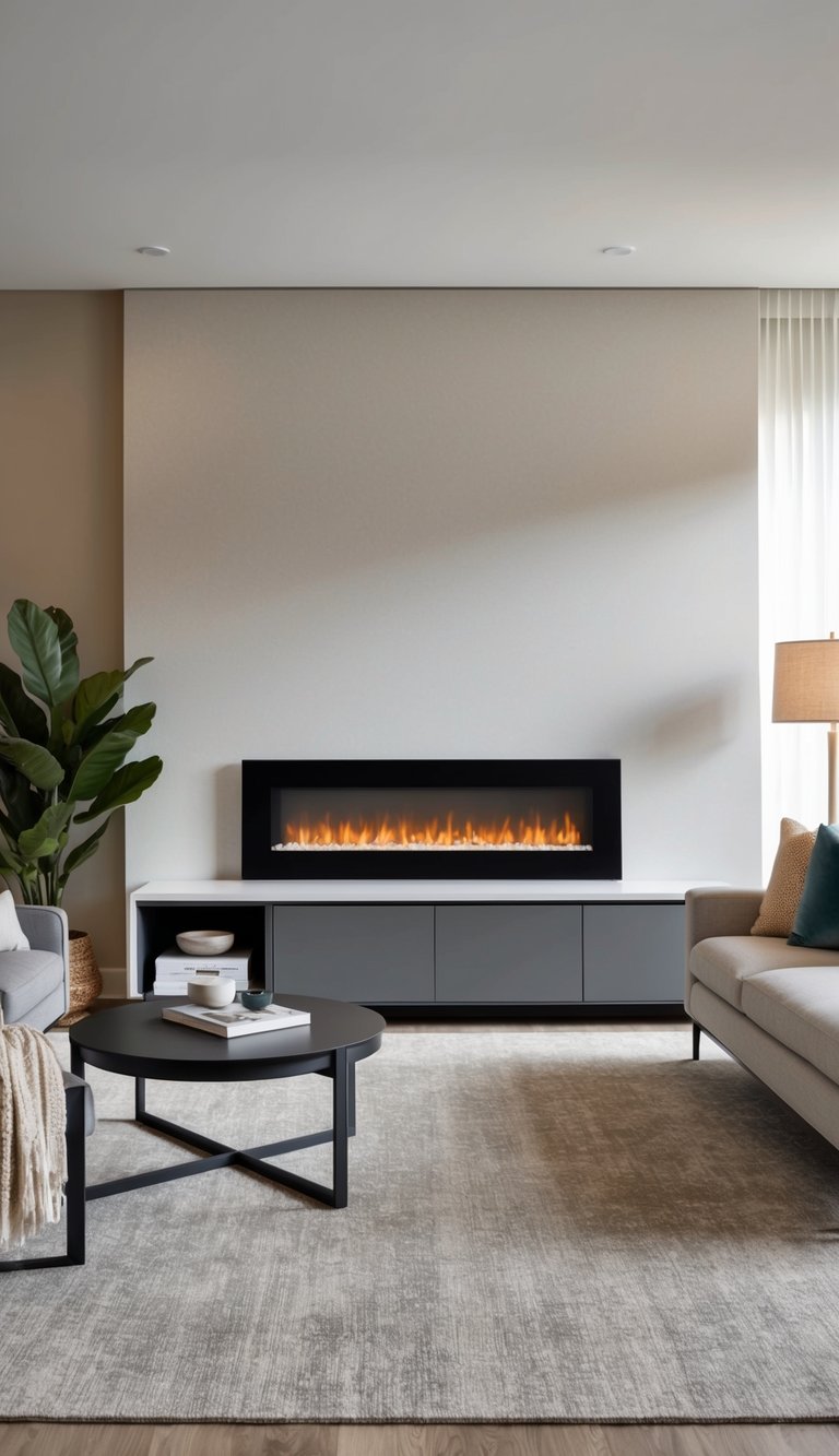 A modern living room with a sleek fireplace media console and storage, featuring a contemporary electric fireplace as the focal point