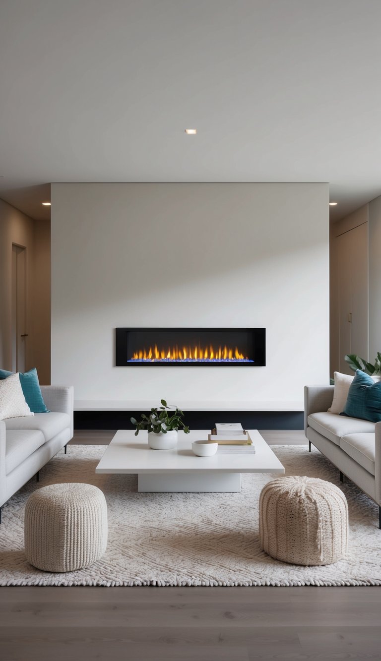 A living room with a minimalist design, featuring a sleek and frameless electric fireplace as the focal point
