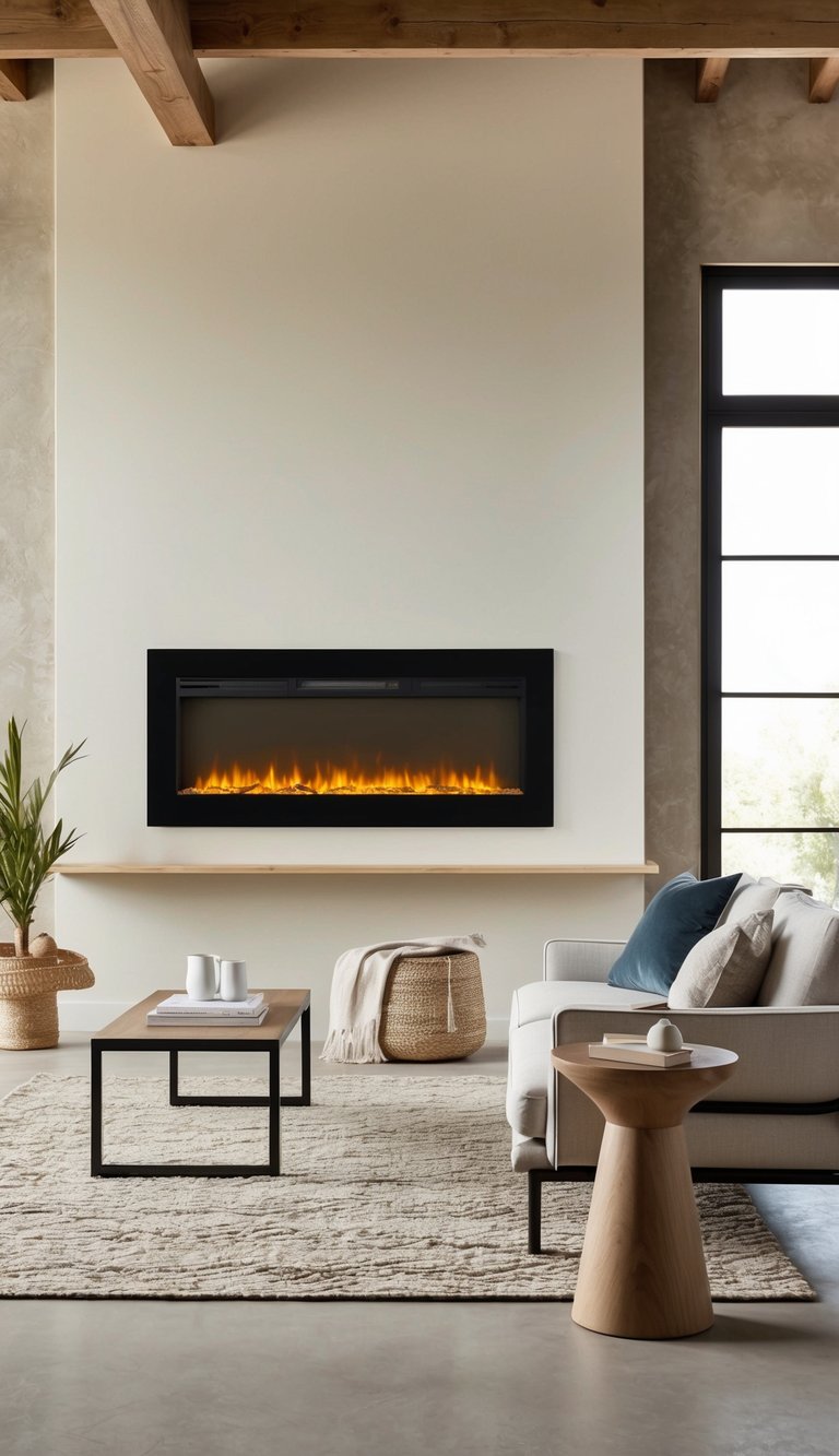 A sleek electric fireplace mantel in a rustic setting, with modern decor and minimalistic design