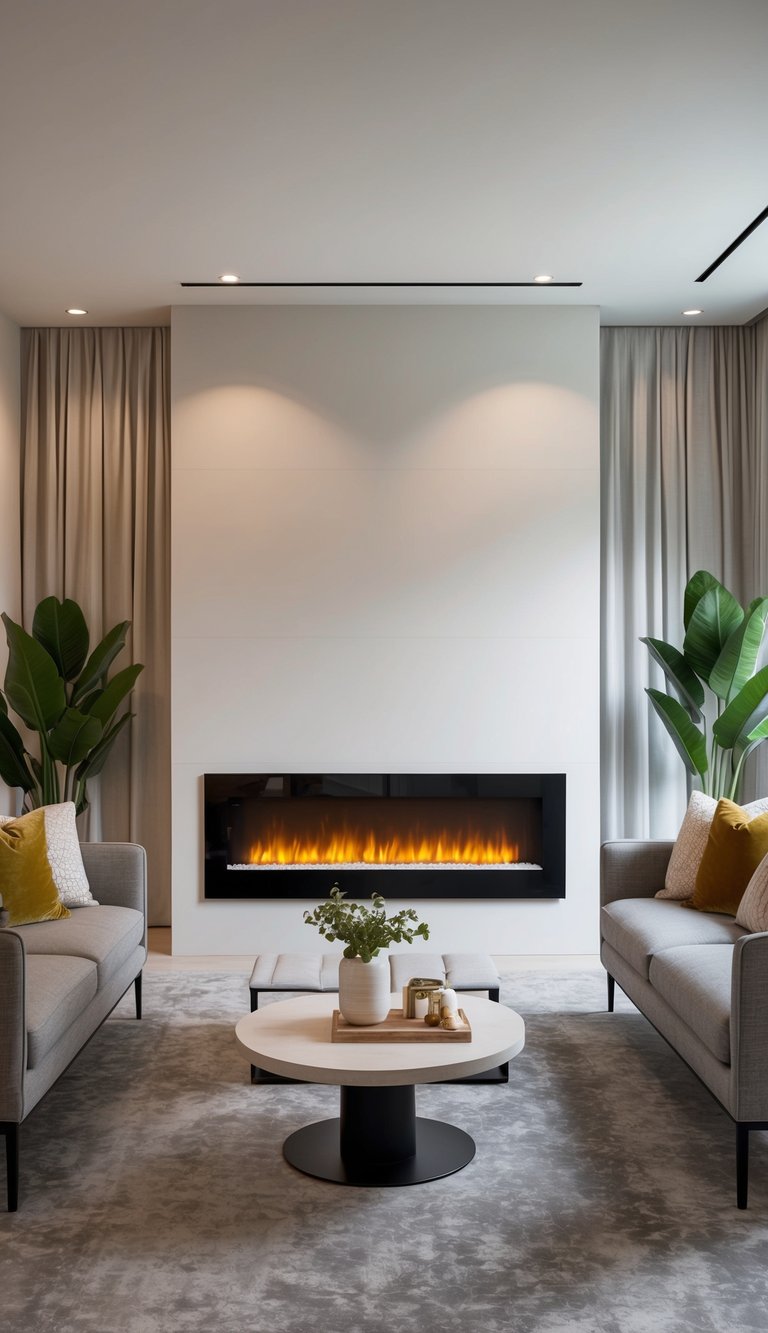 A modern living room with a sleek and contemporary electric fireplace as the centerpiece, surrounded by stylish furniture and decor