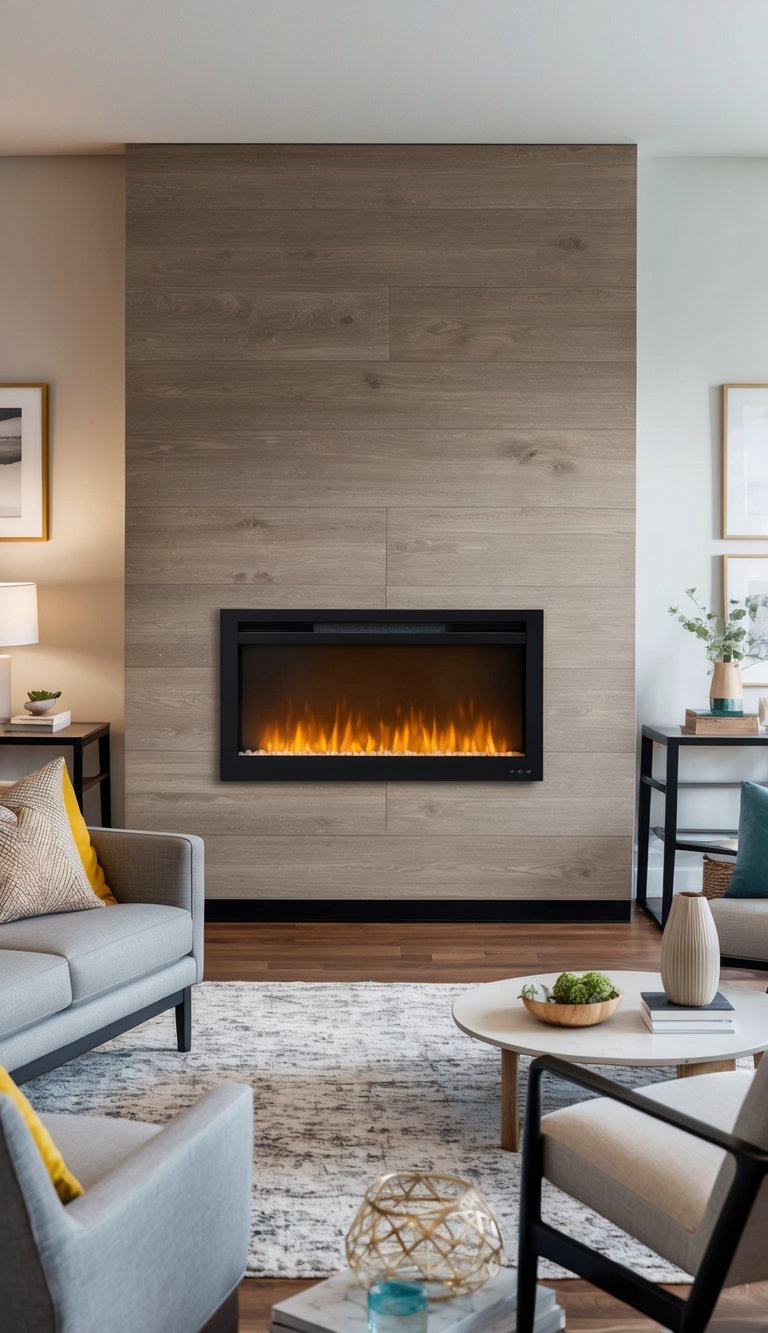 A modern living room with a sleek Weathered Oak Finish Electric Fireplace as the focal point, surrounded by contemporary furniture and decor