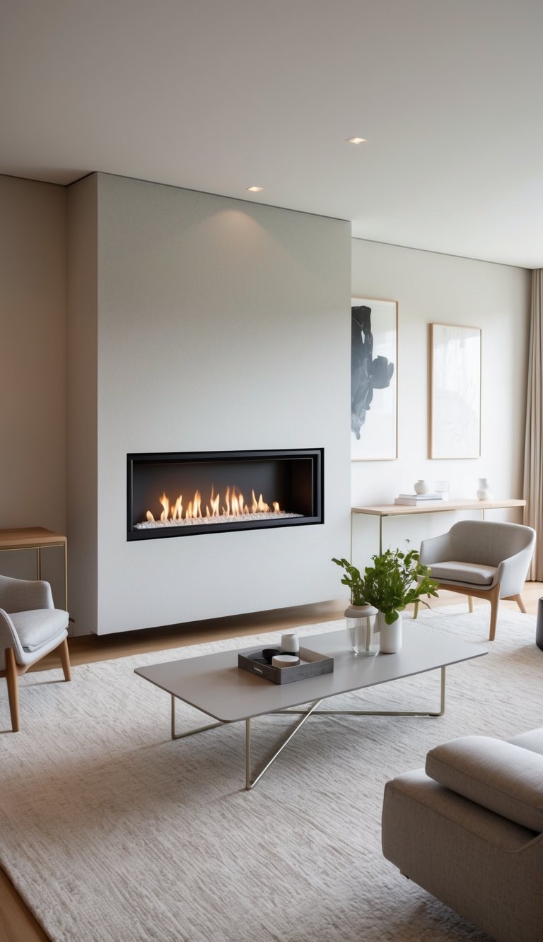 A modern living room with a sleek freestanding bio-ethanol fireplace as the focal point, surrounded by minimalist furniture and clean lines