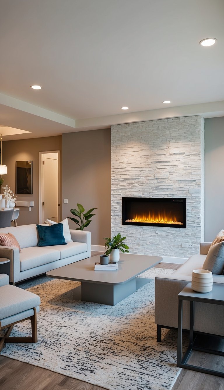 A contemporary living room with a sleek faux stone veneer electric fireplace as the focal point, surrounded by modern furniture and decor