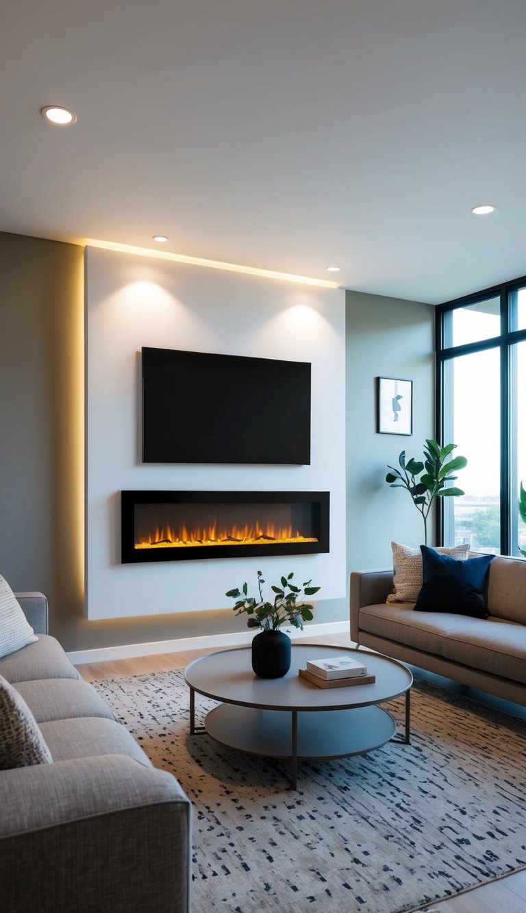 A contemporary living room with a floating wall shelf electric fireplace as the focal point, featuring sleek and modern design