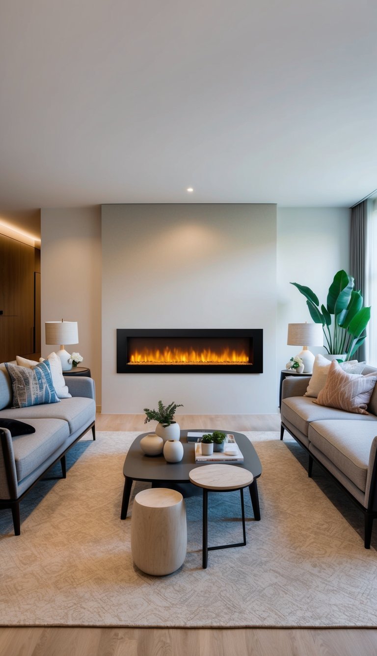 A modern living room with a sleek, high-heat output electric fireplace as the focal point, surrounded by contemporary decor and furniture