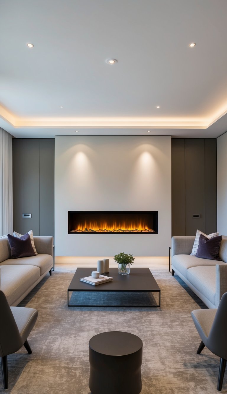 A modern living room with a customizable built-in electric fireplace as the focal point, surrounded by sleek and contemporary furniture