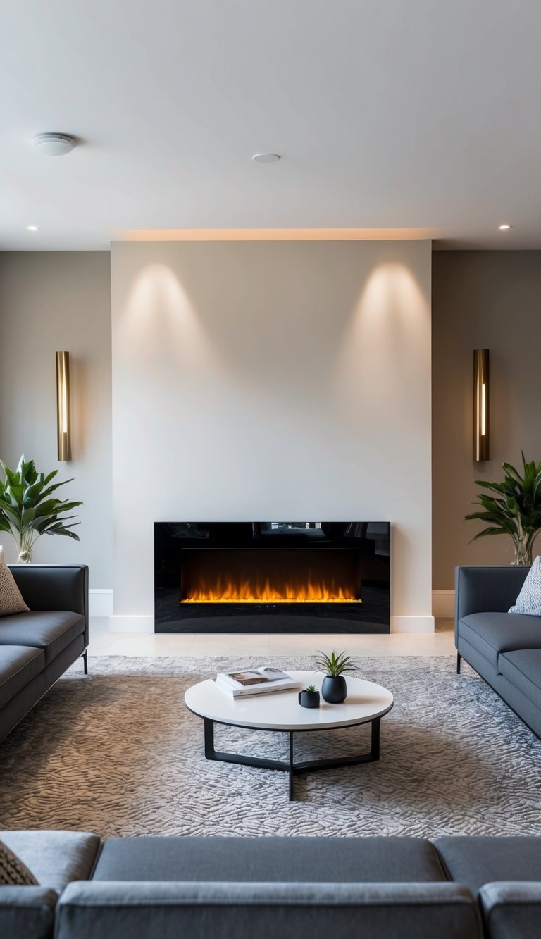 A modern living room with a glossy black electric fireplace as the focal point, surrounded by sleek and contemporary furniture