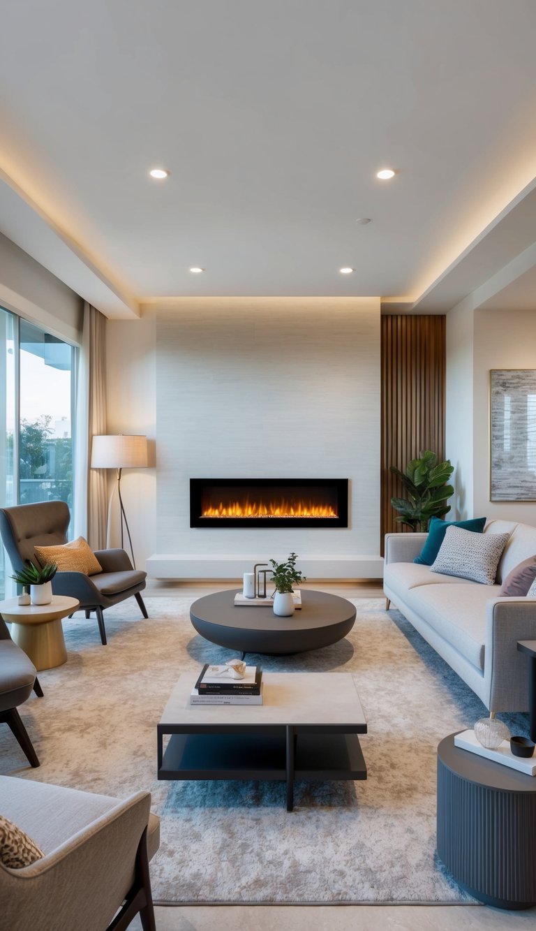 A modern living room with a sleek luxury linear electric fireplace as the focal point, surrounded by contemporary furniture and decor