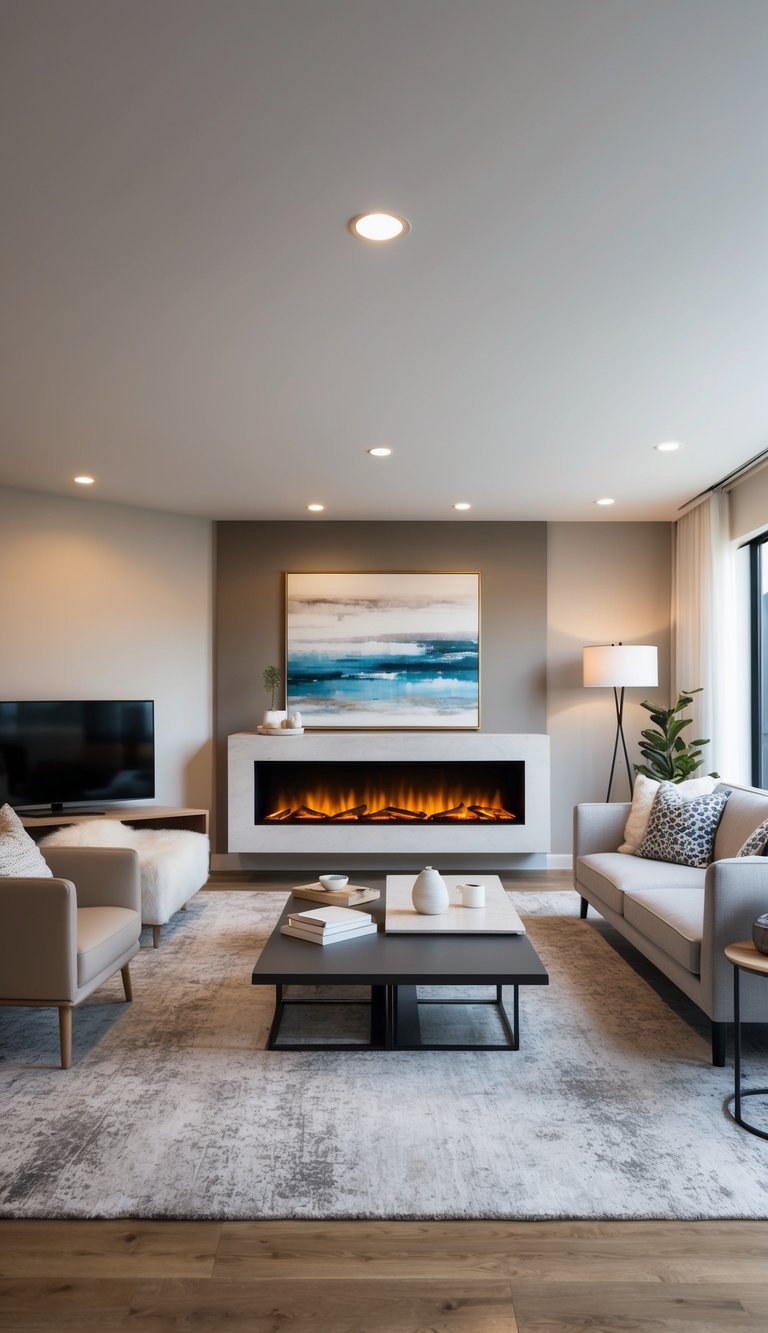 A modern living room with a sleek Artisan Log Effect Electric Fireplace as the focal point, surrounded by contemporary decor and furniture
