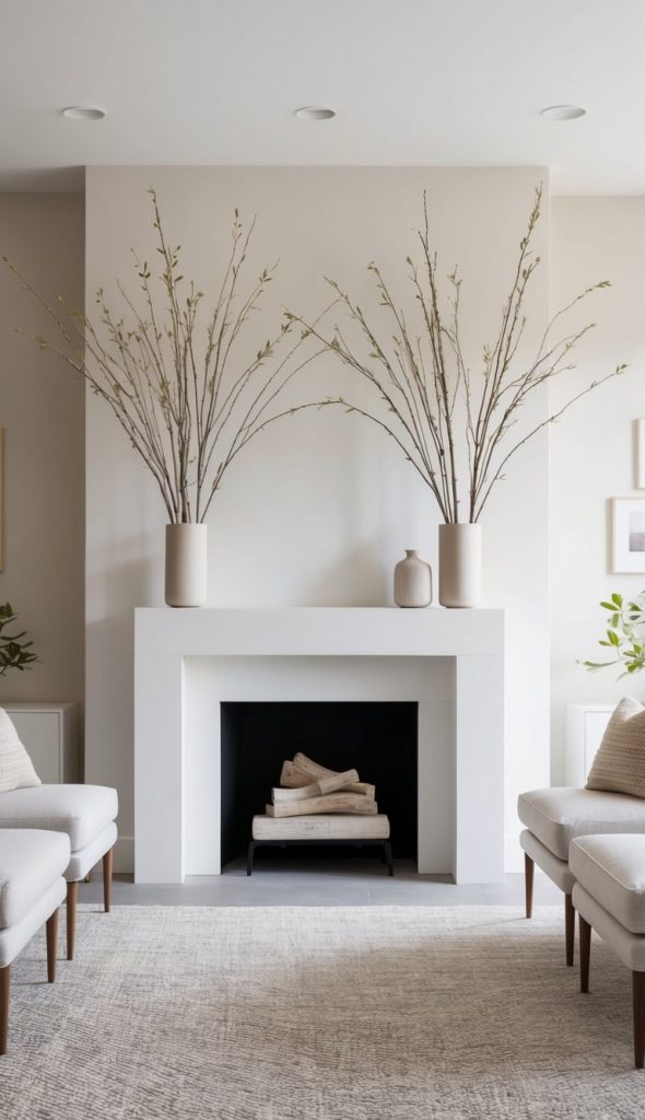 A modern living room featuring a white fireplace with a black interior and stacked logs, flanked by two tall vases containing bare branches. The walls are light-colored, and there are two pale gray chairs with wooden legs positioned in front of the fireplace, with a textured rug covering the floor.