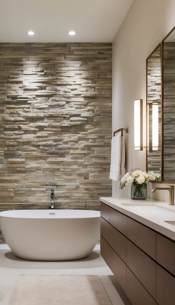 Master bathroom with freestanding tub, stacked limestone wall, walnut vanity, and brass fixtures on a porcelain tile floor.
