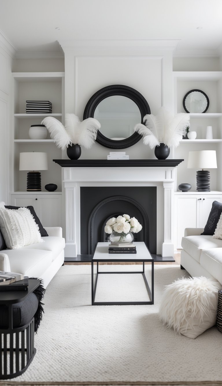 A bright living room with a black and white mantel decorated with white feather accents, a sofa, coffee table, and shelves arranged neatly in a clean and inviting space.