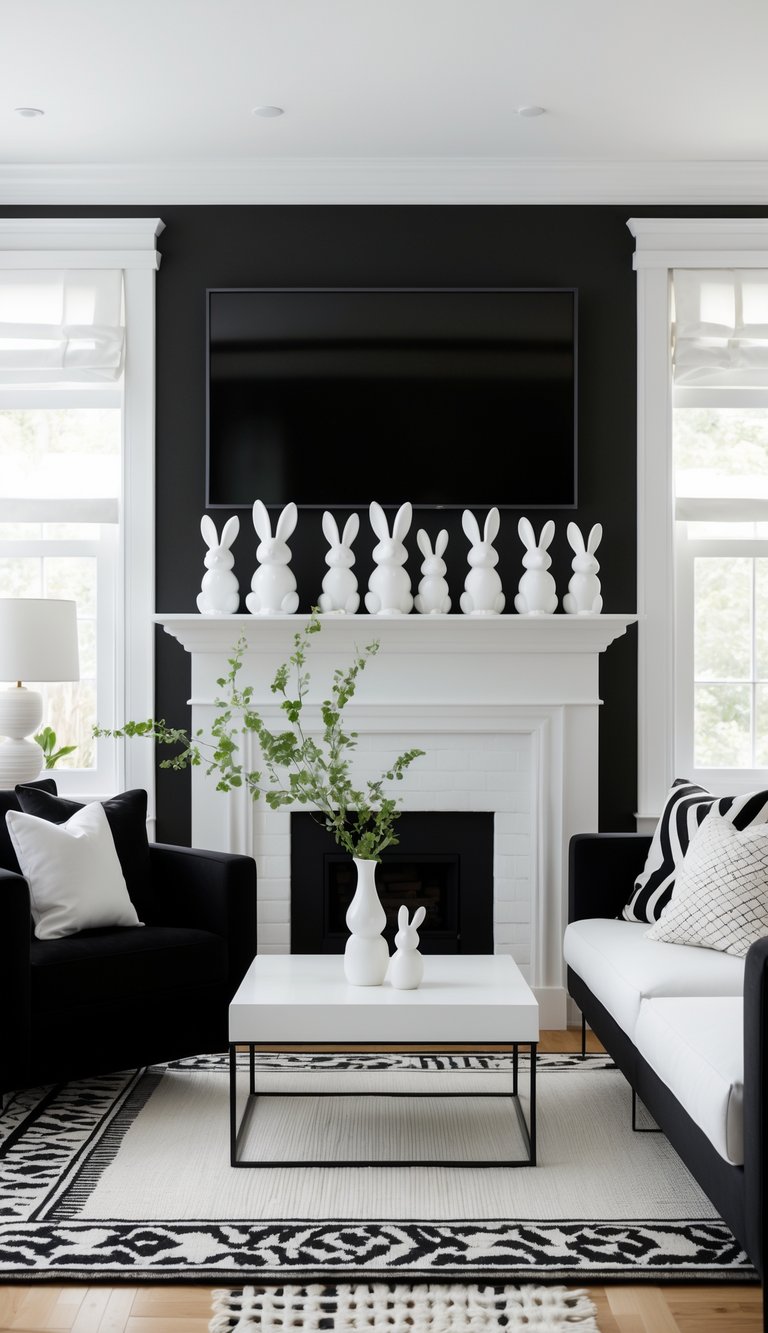 A bright living room with white ceramic bunny figurines displayed on a mantel, featuring black and white furniture and decor in a clean, inviting space.