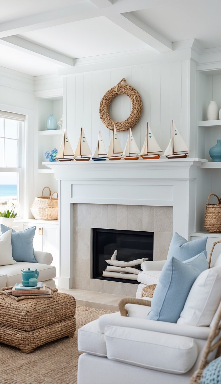 A bright living room with a mantel decorated with small sailboat figurines, surrounded by styled furniture and natural light.