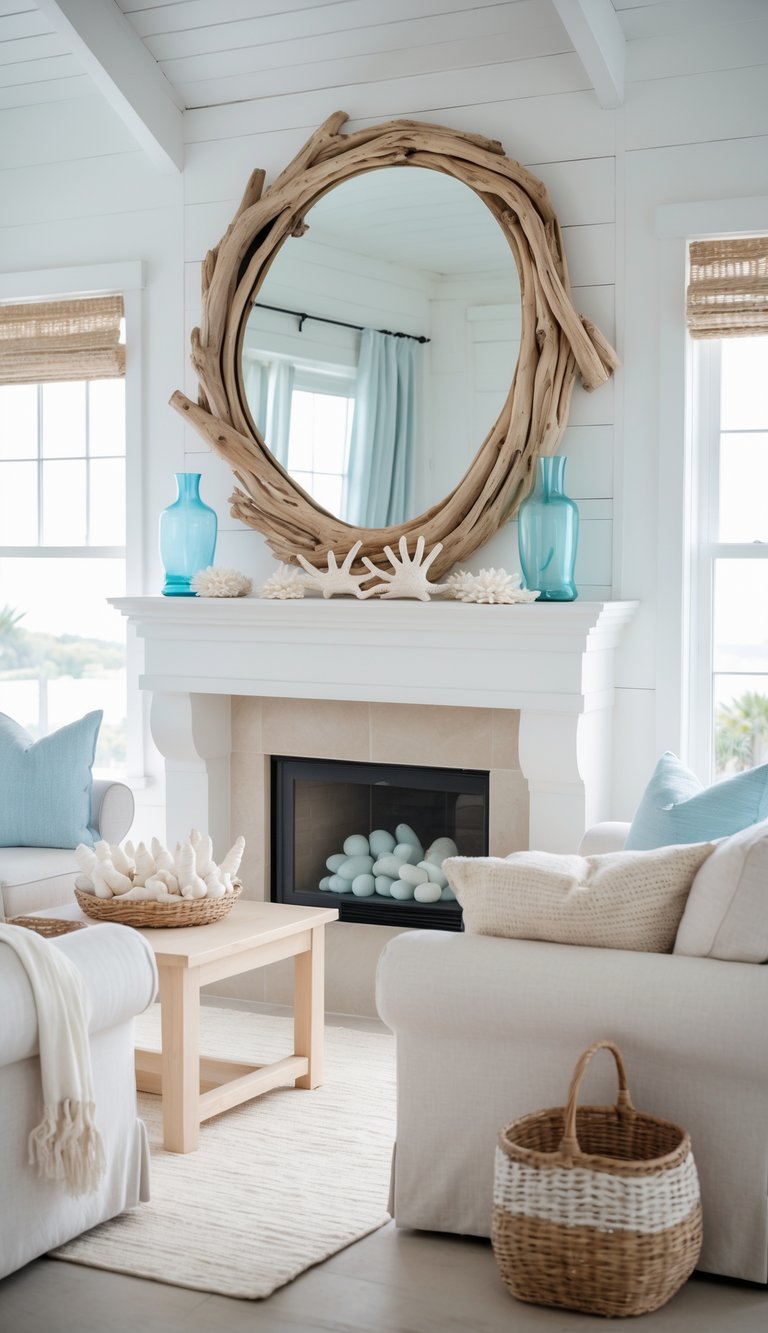 A bright living room with a white mantel featuring a large driftwood mirror above it, decorated with coastal-themed items. The room has a light sofa, wooden coffee table, and large windows letting in natural light.