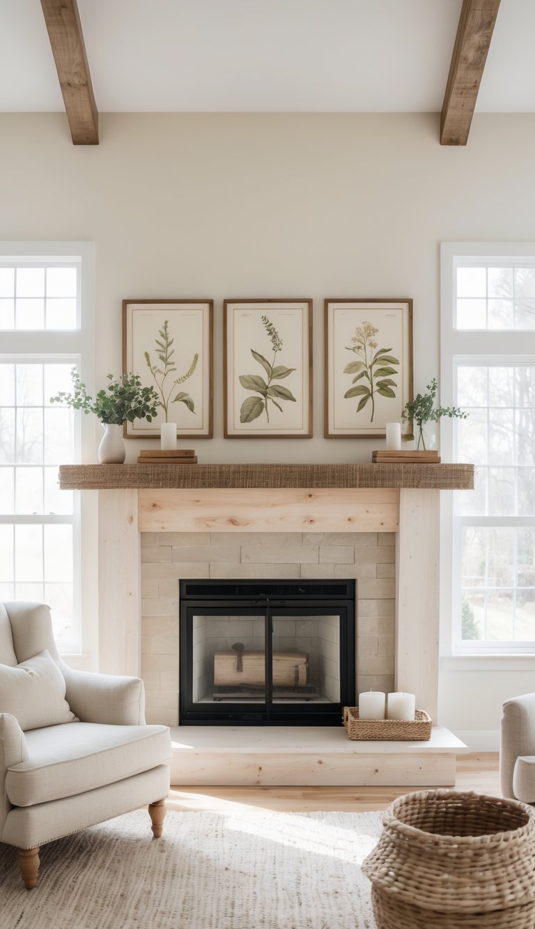 A bright living room with a farmhouse fireplace mantel topped by three vintage botanical prints, styled furniture, and a clean, inviting atmosphere.
