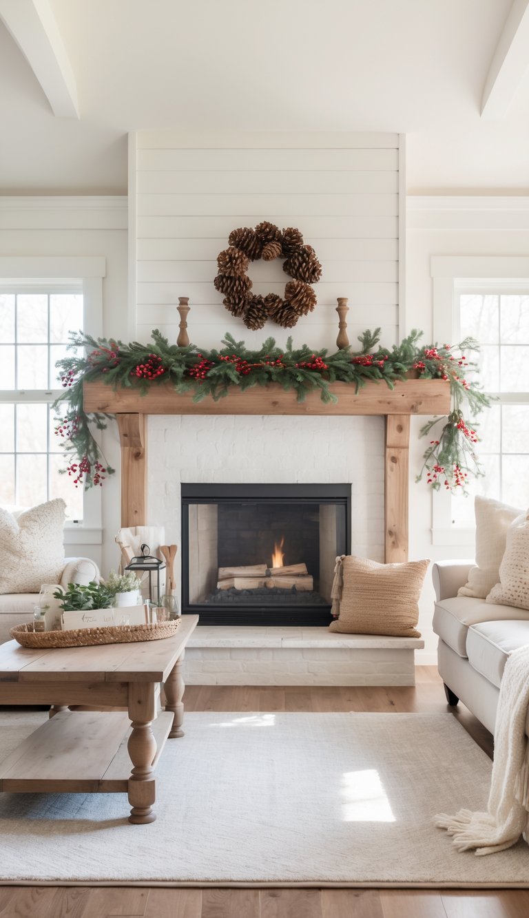 A bright living room with a fireplace mantel decorated with pinecones and red berries, featuring a sofa, coffee table, and clean, organized space.