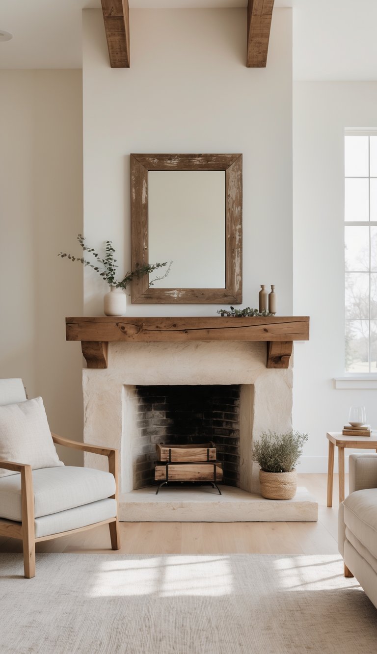 A bright living room with a wooden-framed mirror above a fireplace mantel, styled furniture, and natural light filling the space.