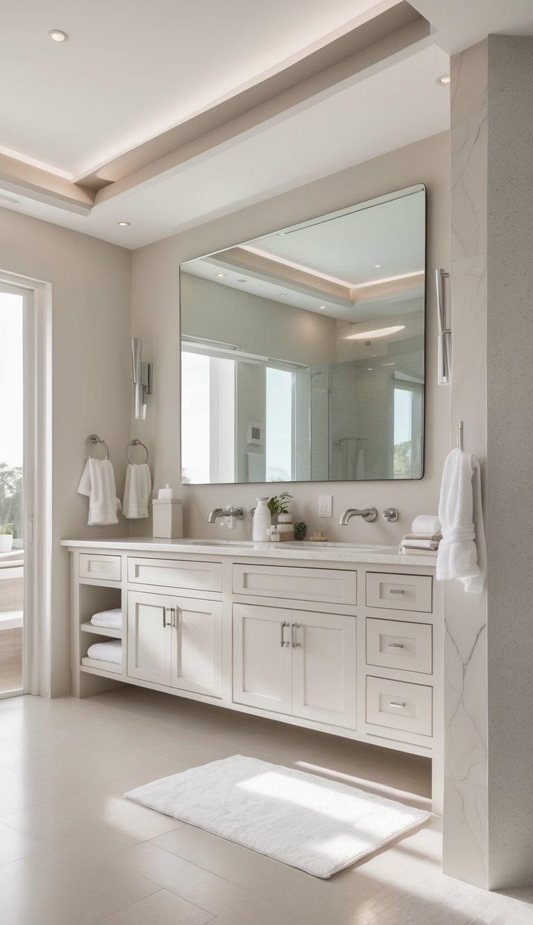 A bright and clean master bathroom with wall-mounted faucets, a sleek vanity, large mirror, and modern fixtures.