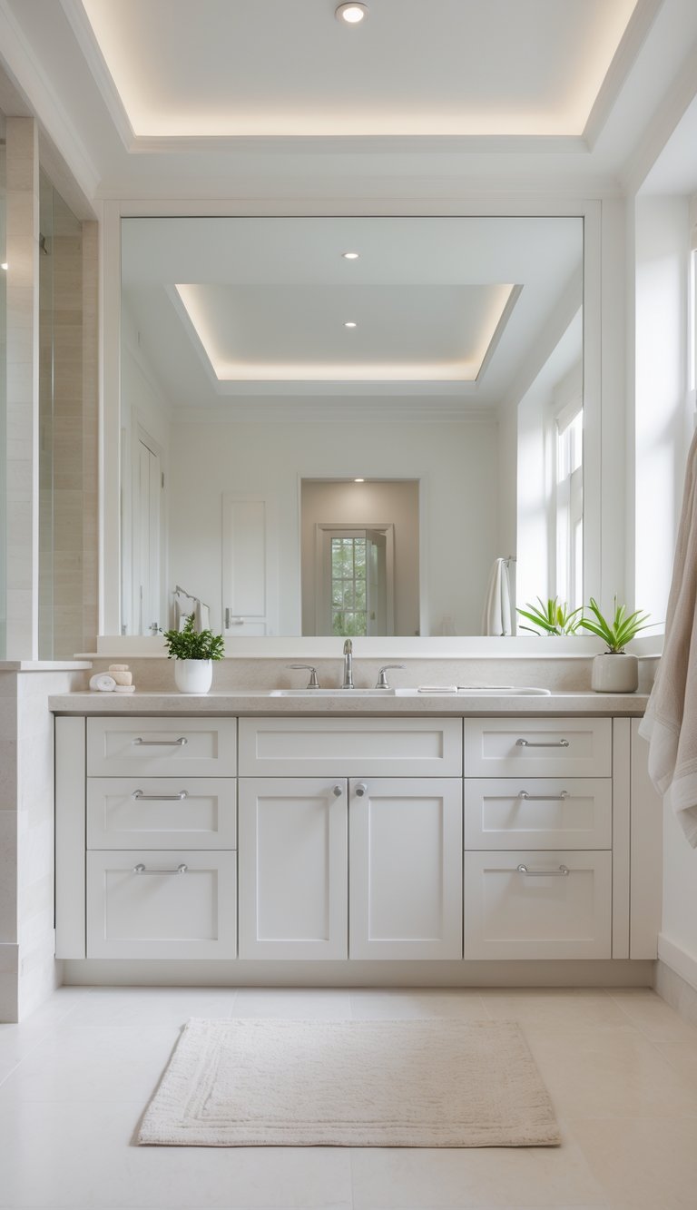 A bright master bathroom with soft-close drawers, a clean vanity, large mirror, and elegant fixtures in a spacious, tidy room.