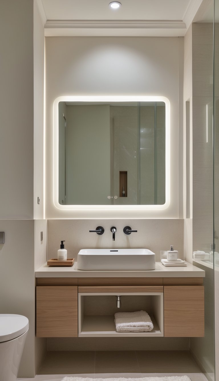 A bright master bathroom with a wall-mounted shaving mirror and light above a modern vanity with sink and clean countertops.