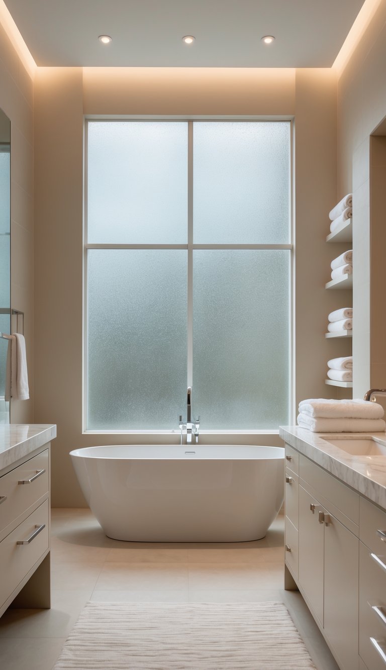 A master bathroom with a large frosted window letting in natural light, featuring a bathtub, vanity, and clean, organized space.