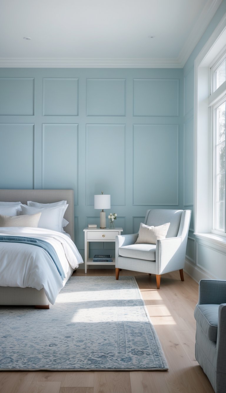 A bright and spacious bedroom with pale blue wainscoting, a large bed, an armchair, and natural light coming through windows.