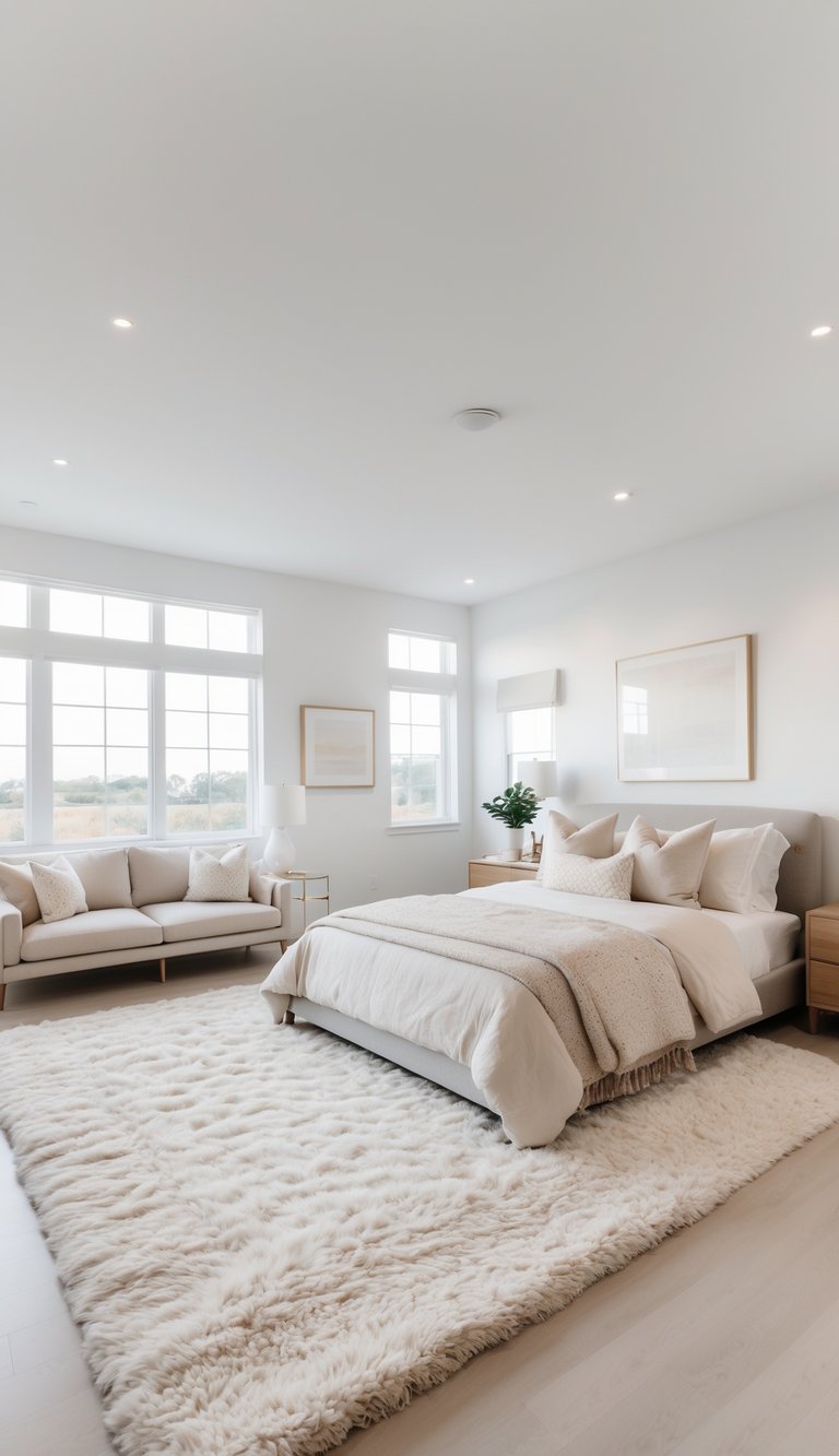 A bright and spacious bedroom with a large plush area rug defining the sleeping area, a neatly made bed, styled furniture, and clean, uncluttered surfaces.
