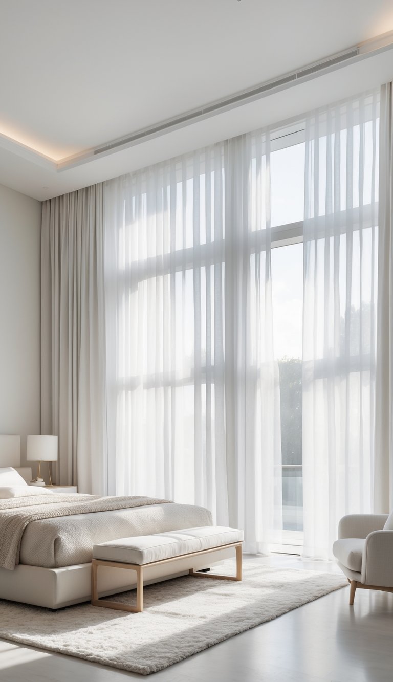 A large bedroom with sheer curtains letting in soft sunlight, a neatly made bed, a chair, and a clean, spacious floor.