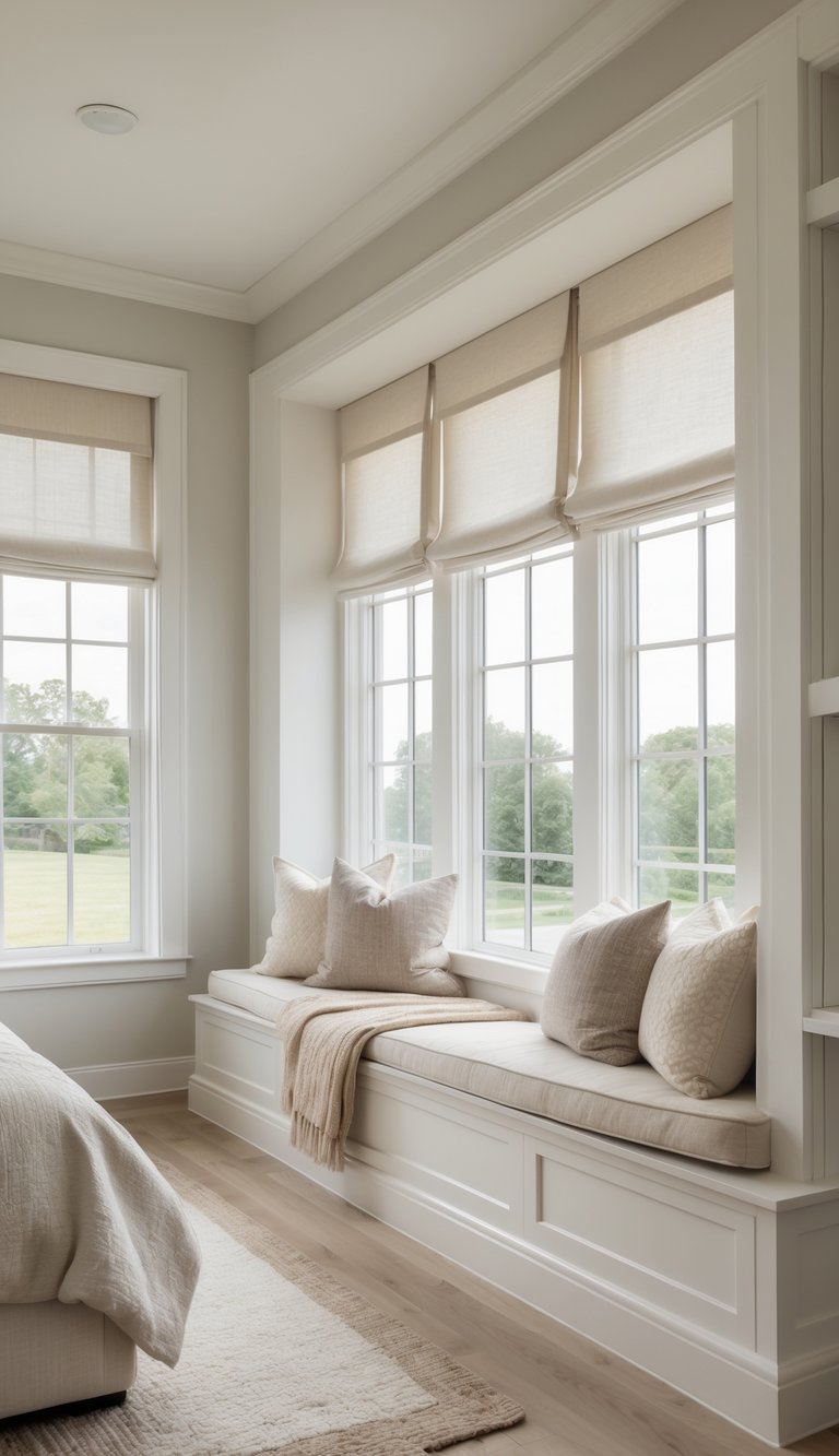 A large bedroom with a built-in window bench topped with cushions, bright natural light, and neatly arranged furniture in a clean and spacious room.