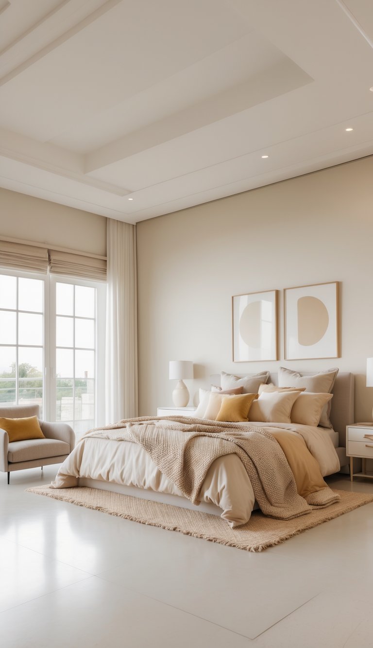 A modern bedroom featuring a large bed with beige and cream bedding, complemented by yellow accent pillows. A comfortable light-colored armchair sits in the corner, and two framed abstract prints hang above the bed. Natural light flows through large windows with sheer curtains, and the room has minimalistic decor and a neutral color palette.