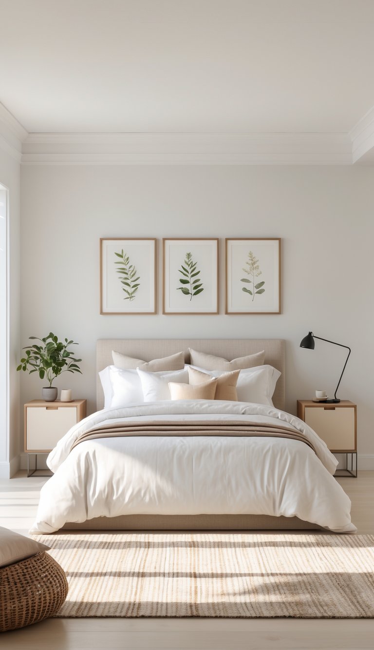 A large bedroom with a neatly made bed, framed botanical prints above it, a wooden nightstand with a plant and lamp, and bright natural lighting.