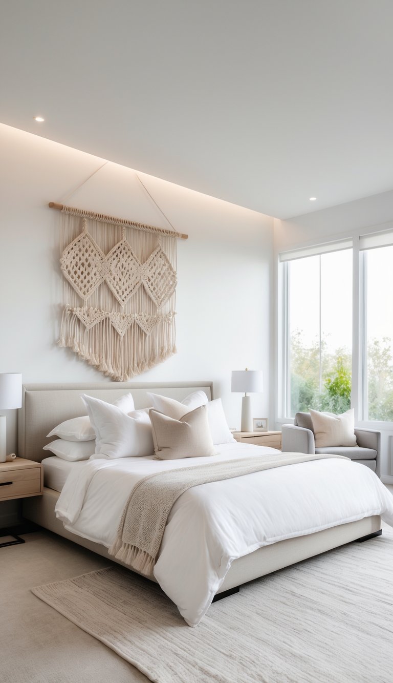 A bright and spacious bedroom with a bed, macramé wall hanging, large windows, and neatly arranged furniture.
