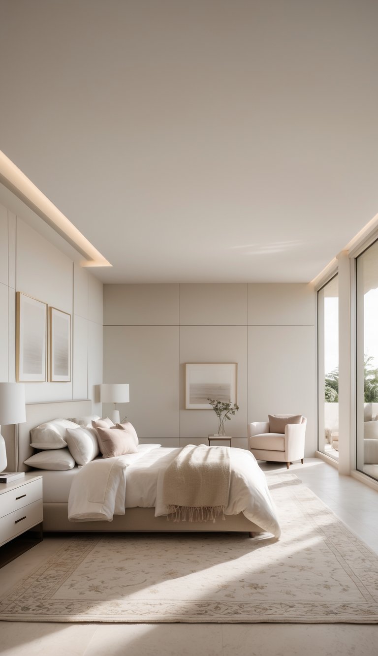 A spacious bedroom with a large bed, seating area, and bright natural light coming through big windows.