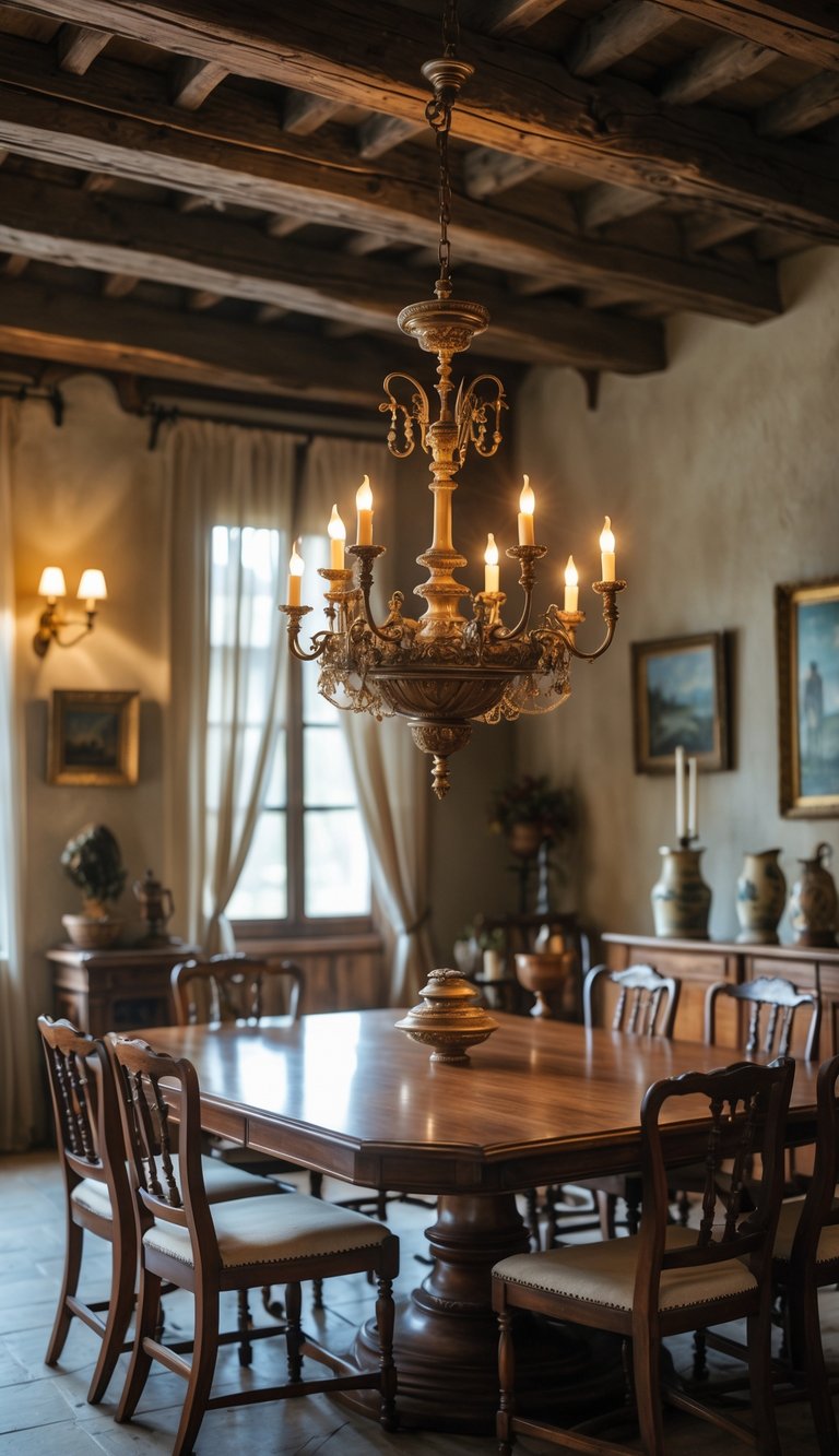 Antique brass chandelier, polished walnut dining table, carved chairs, stone tile floor, and wooden sideboard styled as a vintage dining room idea.
