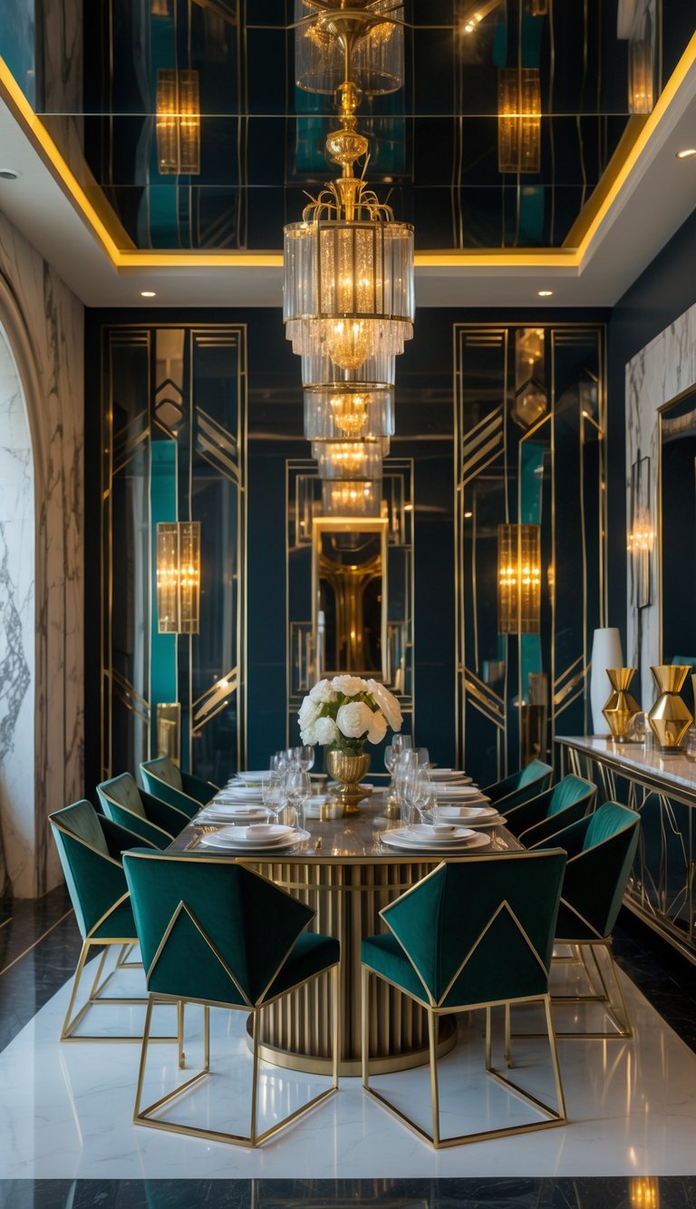 Mirrored ceiling art deco dining room idea featuring a crystal chandelier, green velvet dining chairs, fluted table base, gold-trimmed panels, and marble floors.