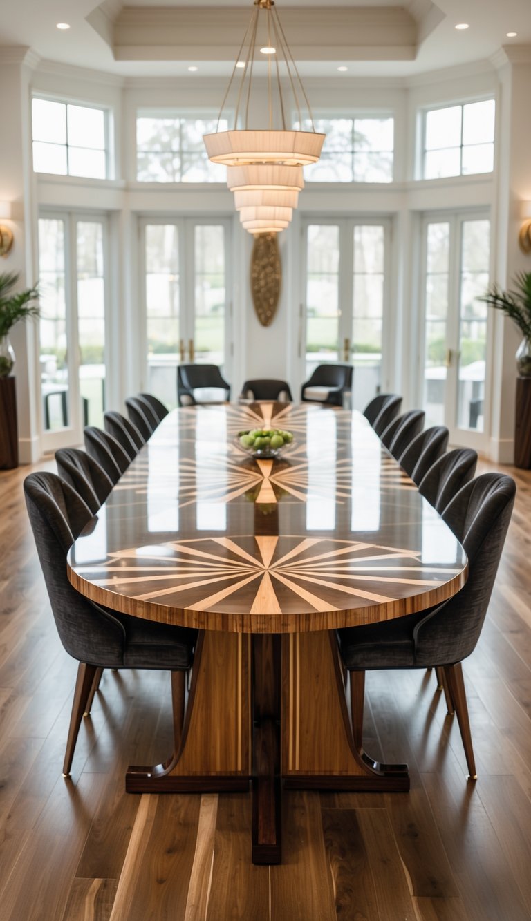 Art deco dining room idea featuring a high-gloss oval table with radial wood veneer inlay, black upholstered chairs, and a tiered chandelier in a symmetrical window-lined space.
