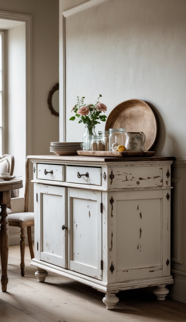 Distressed white solid wood sideboard with iron hardware, paneled doors, bun feet, and rustic wood tray styling in a vintage dining room idea.