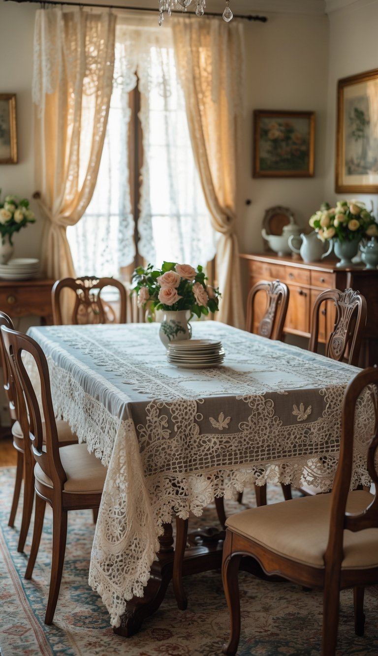Dark hardwood dining table with lace overlay, walnut chairs, porcelain decor, and floral rug in a vintage dining room idea.