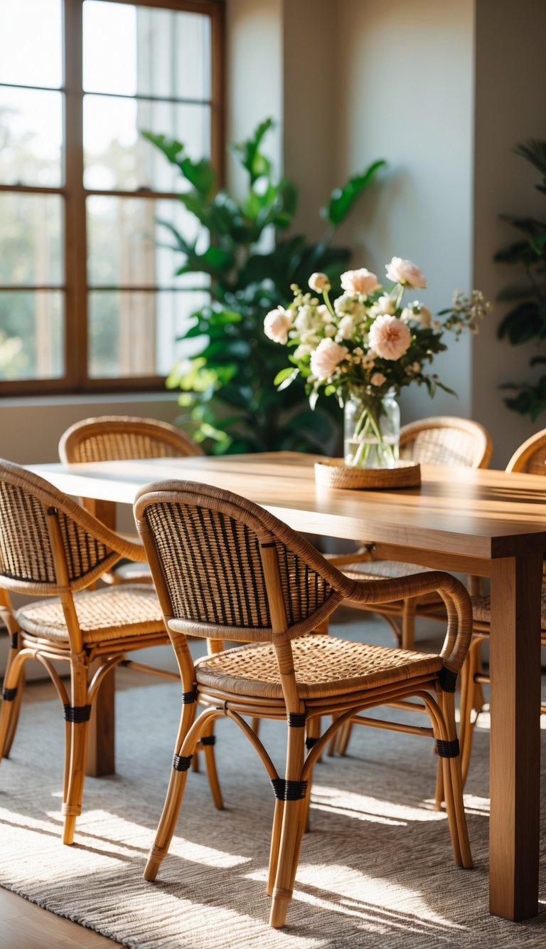 Rattan and cane chairs with curved bamboo frames around oak table in a vintage dining room idea with glass vase of flowers and jute rug.