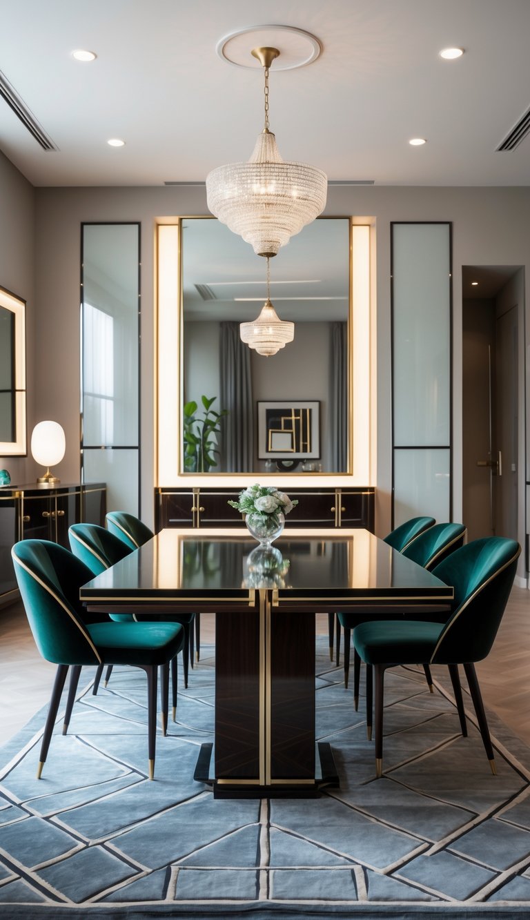 Art deco dining room idea with emerald velvet chairs, glossy black and brass dining table, large gold-framed mirror, crystal chandelier, and frosted glass wall panels.