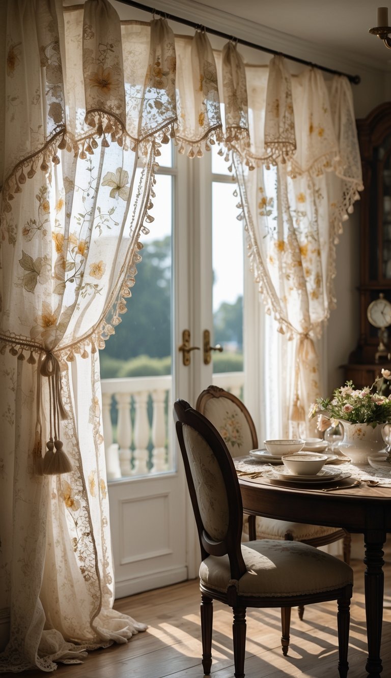 Golden embroidered lace curtains in a vintage dining room idea with carved walnut round table, linen chairs, French doors, and floral centerpiece.