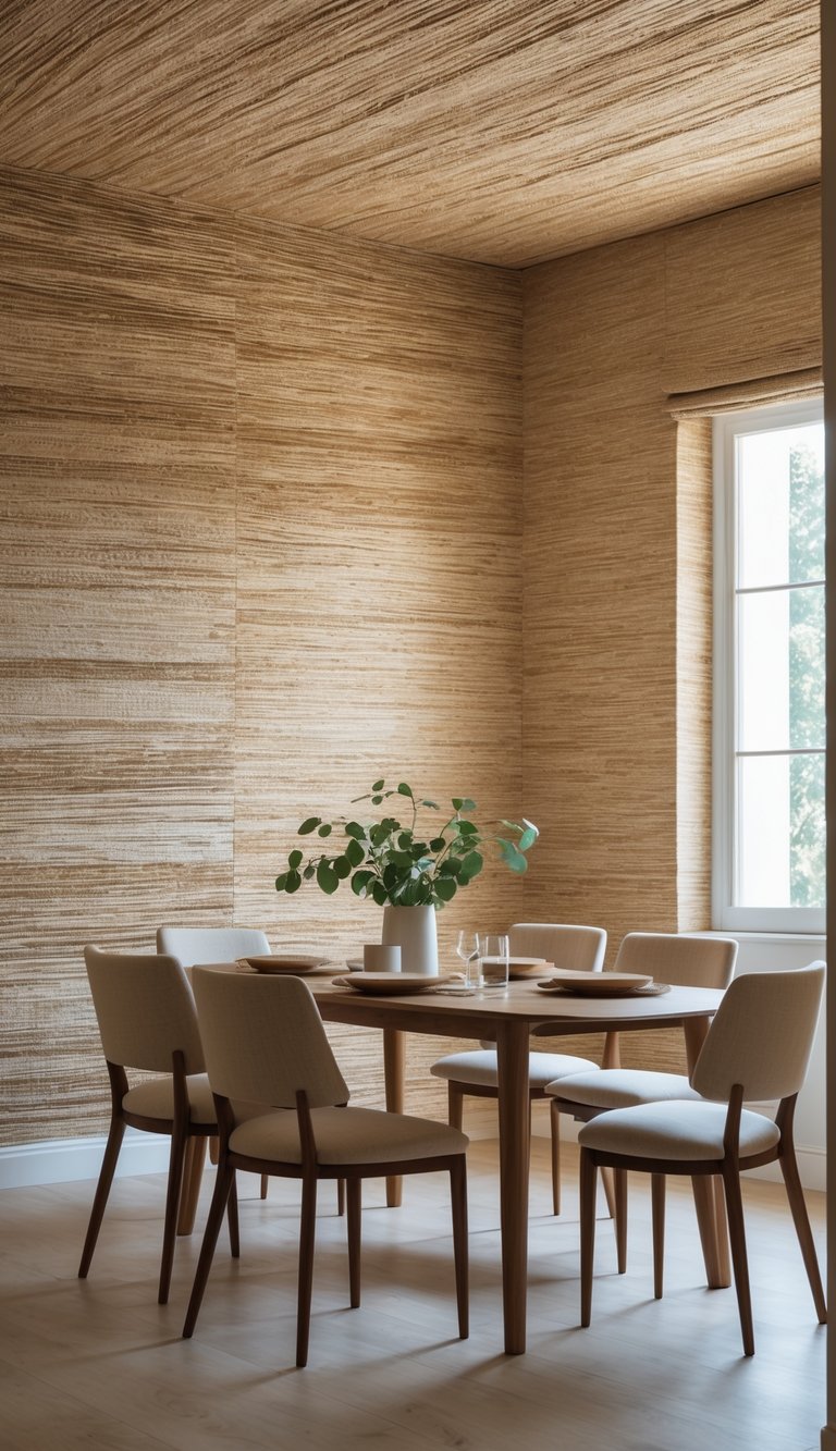A textured dining room idea with jute and sisal grasscloth walls and ceiling, walnut dining table, cream padded chairs, light wood flooring, and simple stoneware place settings.