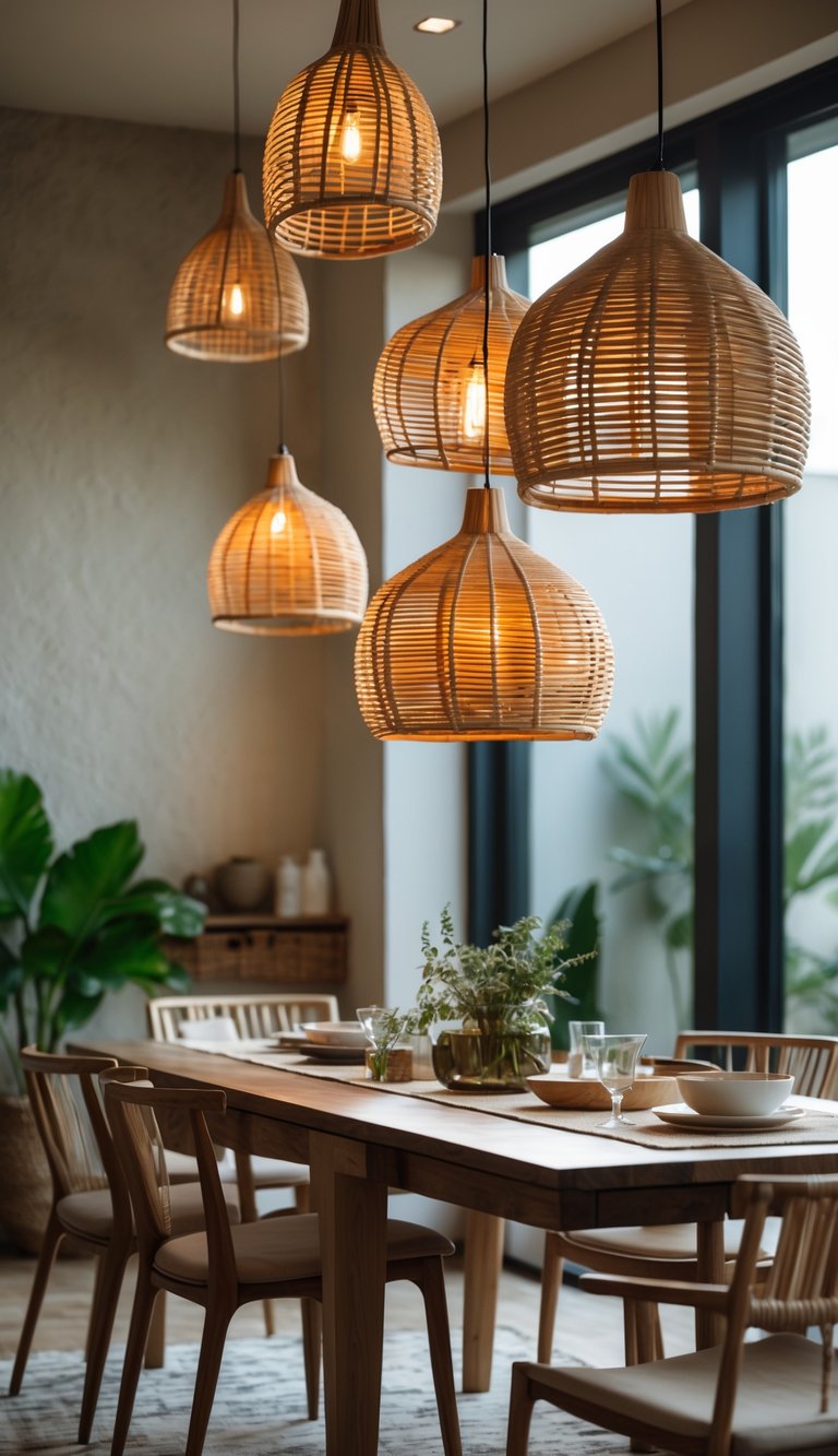 A textured dining room idea showcasing clustered wicker pendant lights, natural wood table, minimalist wooden chairs, woven rug, and tropical plants by tall windows.