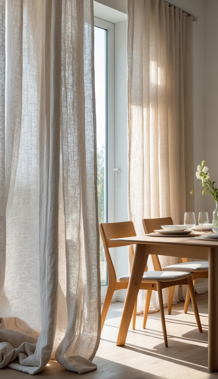 A textured dining room idea featuring sheer natural linen curtains, light beech wood dining chairs, solid wood table, ceramic dinnerware, and soft sunlight on oak floors.