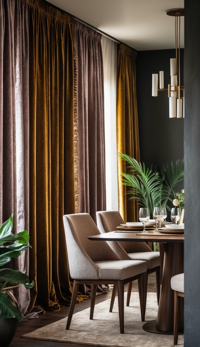 A textured dining room idea featuring layered amber and mocha velvet curtains, upholstered dining chairs, walnut pedestal table, brass pendant light, and indoor greenery.
