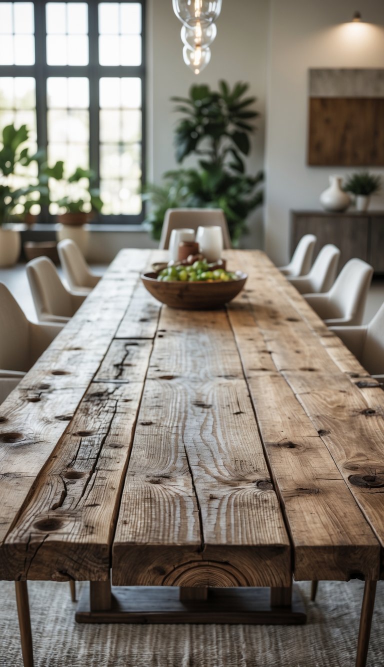 A textured dining room idea showcasing a reclaimed pine farmhouse trestle table with exposed grain, cream upholstered chairs, jute rug, ceramic vases, and a wooden fruit bowl.