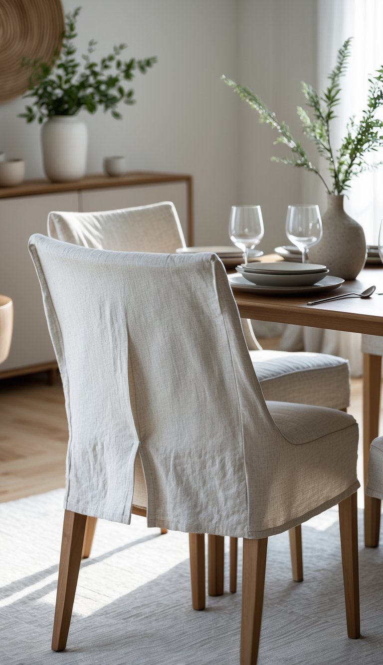 A textured dining room idea featuring oak dining chairs with relaxed linen slipcovers, a wooden table, ceramic stoneware, and a light wool area rug in a neutral setting.